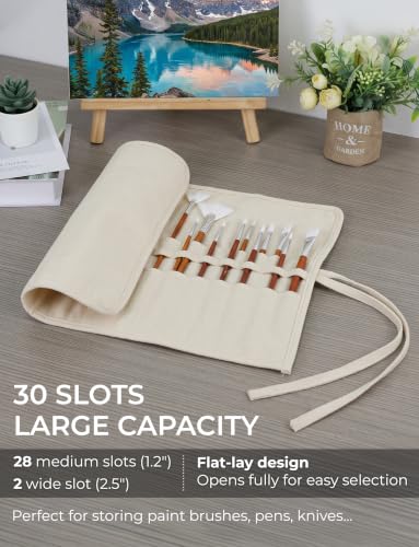 30-Slot Roll-Up Canvas Brush Holder, Washable Paint Brush Case, Beige | Durable Canvas Organizer for Artists, Portable Travel Design, Fits Brushes & Art Supplies (Brushes not Included) - color: Beige