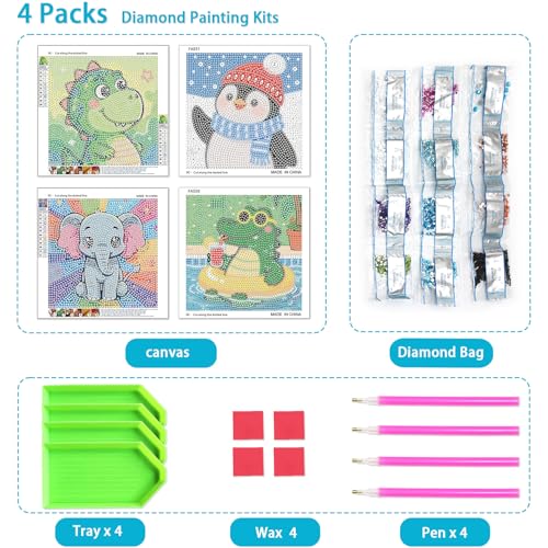 UiSdfuy Diamond Art Kits for Kids,Arts & Crafts for Kid Ages 8-12,Diamond Art for Kids,Gem Art 4 Pack Diamond Painting 6" X 6" (Dinosaur Crocodile Penguin Elephant) - color: Dinosaur Crocodile Penguin Elephant