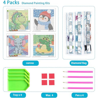 UiSdfuy Diamond Art Kits for Kids,Arts & Crafts for Kid Ages 8-12,Diamond Art for Kids,Gem Art 4 Pack Diamond Painting 6" X 6" (Dinosaur Crocodile Penguin Elephant) - color: Dinosaur Crocodile Penguin Elephant