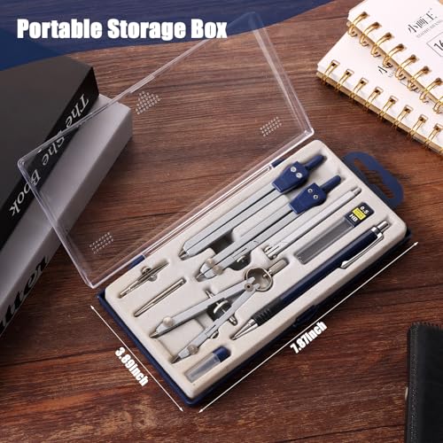 13 Pieces Geometry Set Compass Geometry Tools Math Compass and Protractors Metal Precision Drafting Kit with Storage Box Rulers Pencils Technical Drawing, Engineering & Architecture - color: Blue