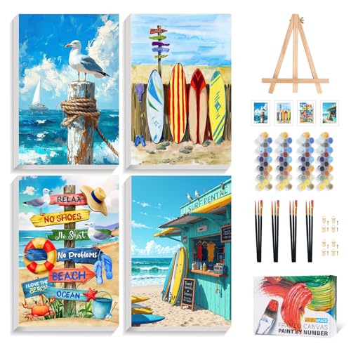 4 Pack Paint by Numbers Kit for Adults with Frame, Beach DIY Painting Kit | with Wooden Easel, Coastal DIY Acrylic Painting Craft for Beginners, Stress Relief, Home Wall Decor, 8 x 12 Inch - color: CYOP4P03