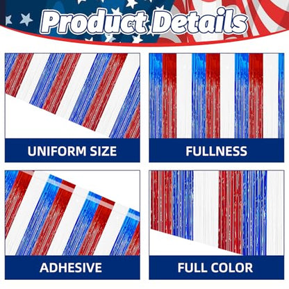2 Pack 2.5ft x 9 ft Red White and Blue Metallic Foil Fringe Table Skirt, July 4th Patriotic Tinsel Table Skirts Cover for Rectangle and Round Tables, Labor Day, Veterans Day - color: Red White Blue