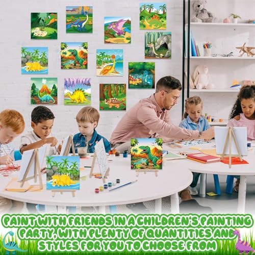 Tenceur 12 Sets Pre Drawn Canvas to Paint Adult Stretched Coloring Painting Canvas Panels with Design Easel and Brushes for Party Supplies Beginner Favor(Dinosaur) - style: Dinosaur