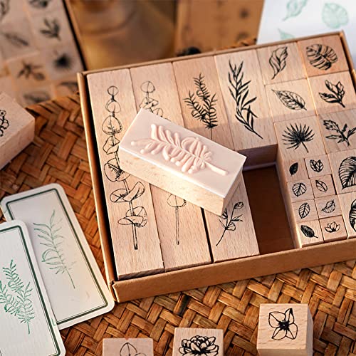 22 Pcs Plant Wooden Rubber Stamp Set for DIY Craft Projects | Crisp imprint detail, Natural wood handle, Sturdy stamping surface - color: Plant 1