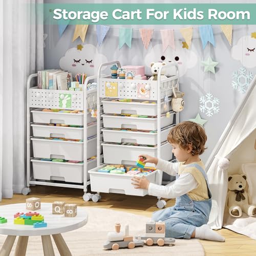SYKIARIOL 4 Drawer Rolling Storage Cart with Pegboard Top and Hooks, White - color: White, size: 4-Drawers