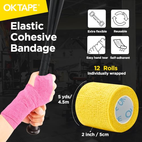 OK TAPE 12 Rolls Self Adhesive Bandage Wrap, Cohesive Elastic Athletic Tape - color: Spring, size: 2 Inch