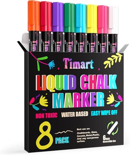 Timart Liquid Chalk Markers, 6mm Bold Chalk Pens | Reversible Tip,Dry & Wet Erase Chalkboard Markers,Non-Toxic Chalk Marker for First Day of School Sign, Blackboard, Glass, Car - color: Classic 6mm Bold Tip