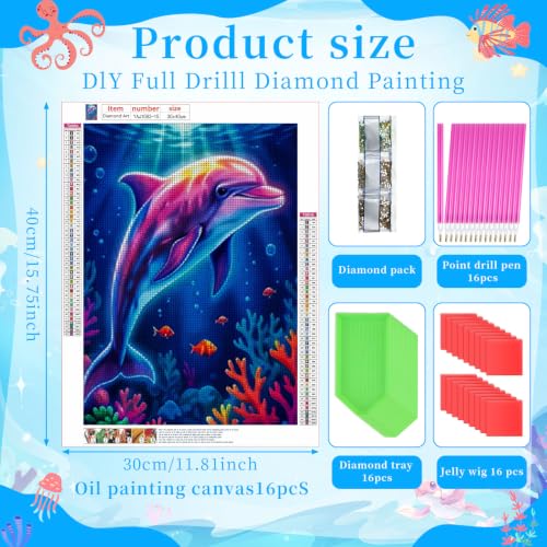 Jaloro 16 Pack 5d Diamond Painting Kits for Adults DIY Flower Animal Diamond Painting Kits Round Crafts for Adults Beginner Home Wall Decoration Gift 11.8 x 15.7 Inches (Sea Animal) - style: Sea Animal