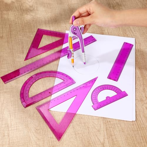 Zonon 1 Set Plastic Geometry Math Set 7 Pcs Includes 6'' / 4 '' Protractor, Drawing Compass, 45/60 Degree Triangle Rulers, 12'' / 6'' Math Ruler Transparent for Office Supplies(Purple) - color: Purple