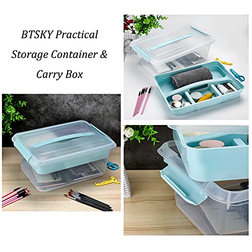BTSKY Stack & Carry Box, Clear Plastic Storage Container Stackable Home Utility Box with Removable Tray Multi-Purpose Storage Bin for Organizing Stationery, Sewing, Art Craft Supplies(Blue) | Stackable Home Utility Box Multi-Purpose Storage Bin for Organi