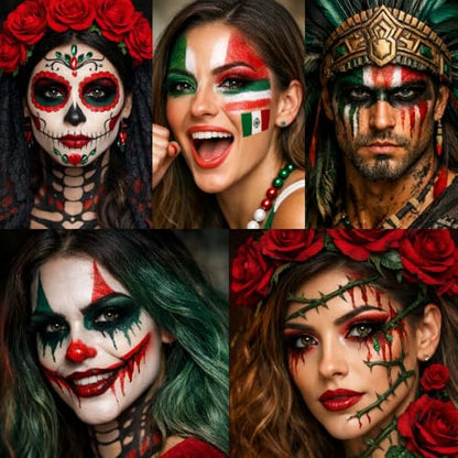 Green White Red World Cup Mexico Flag Face Body Paint Set, Face Painting Kit with Paintbrushes for Halloween Day of the Dead Catrina Makeup Clown Skull Tribal Warrior Christmas Elf Queen SFX Make-up - color: Dark Green+White+Red+3Pcs Brushes