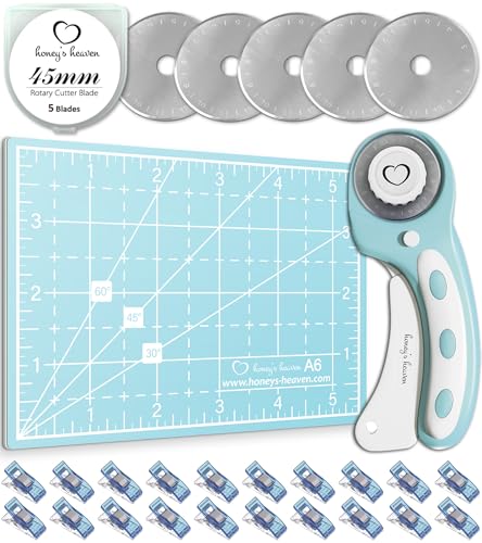Rotary Cutter Set - Quilting Kit incl. 45mm Fabric Cutter, 5 Replacement Blades, A6 Cutting Mat and Craft Clips - Ideal for Crafting, Sewing, Patchworking, Crochet & Knitting (Turquoise, A6) - color: Turquoise, size: A6 (5.5" x 4")