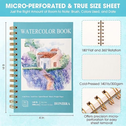 HONIBRA Watercolor Paper Pad 4"×6", 30 Sheets 140lb/300g Cold Press Book - size: 4”×6“