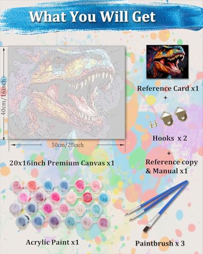 TOCARE Dinosaur Paint by Numbers Kit for Adults, Dinosaur Paint by Number Canvas,Acrylic Adults' Paint-by-Number Kits for Animal Lovers 16x20inch (Without Framed) - color: TC-OPC-349