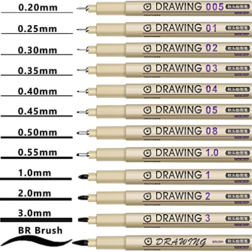 Muchcute Micro Fineliner Drawing Art Pens,12 Black Art Supplies Adult Craft - color: 12 Tip Sizes