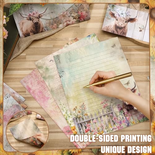 TaoBary 160 Pcs Floral Highland Cow Stationery Paper and Envelopes Set 50 Double Sided Lined Stationery Paper with 50 Envelopes and 60 Round Dot Sticker 8.5 x 11'' Letter Writing Kit, 10 Design - size: 8.5 x 11 Inch, style: Floral Highland Cow