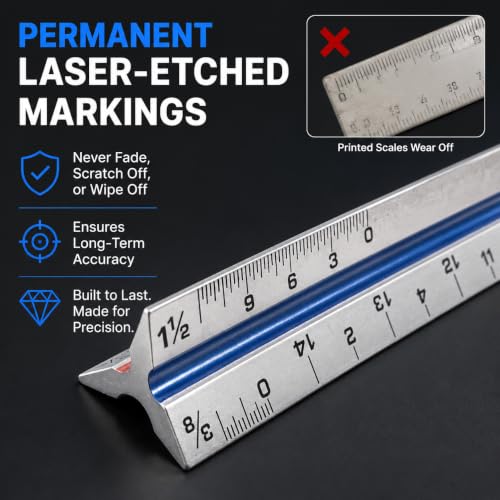 12 Inch Architectural Scale Ruler – Aluminum Architect Scale, Color-Coded for Drafting, Blueprint Reading & Drawing – Ideal for Engineers, Draftsmen & Students,1 Pack