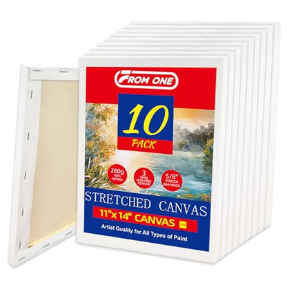 10-Pack 11x14 Stretched Canvas 100% Cotton Triple Primed for Acrylic & Oil | 100% cotton with natural husk, 5/8” Deep Frame, acid-free, No Bleed-Through,Warp-Resistant for acrylic, oil & gouache - size: 10PK - 11"x14"