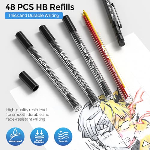 Nicpro 3 PCS 1.3 mm Mechanical Pencils Set with 48 Lead Refill, 3 Eraser | MP2000 Black Weatherproof Metal Barrel, Heavy Duty Carpenter Pencil for Outdoor Construction Marking Drafting and Drawing - style: 3 Pack (Black)