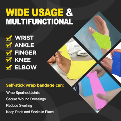 OK TAPE 12 Rolls Self Adhesive Bandage Wrap, Cohesive Elastic Athletic Tape - color: Mix Color, size: 2 Inch