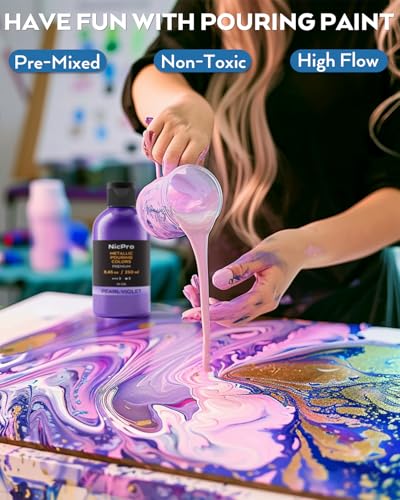 Nicpro 8 Colors 8.45oz Large Volume Metallic Acrylic Pour Paint Kit - color: 8 Colors