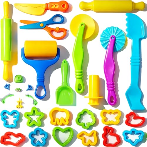 Dough and Clay Play Tools Kit for Kids, Modeling Clay Accessories for Toddlers, Animal Cutters with DIY Rollers & Safety Scissors, Dough Extruder Easy Squeeze for Kids, Ideal Home Play & Baking Set - size: 31pcs