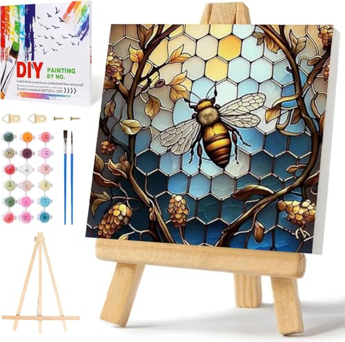 Mowana Paint by Numbers Kit for Adults Framed Canvas - with Wooden Easel, Adults' Paint-by-Number Kits Bee DIY Acrylic Oil Painting Kits Arts Crafts 7.8x7.8inch - color: Stained Glass Bee