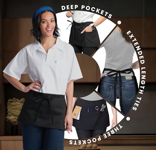 Avalon Kitchen Server Aprons with 3 Pockets – 100% Polyester Waist Apron, 24x12 Inch Half Apron, Waitress Apron for Servers - color: Black, style: Pack of 12