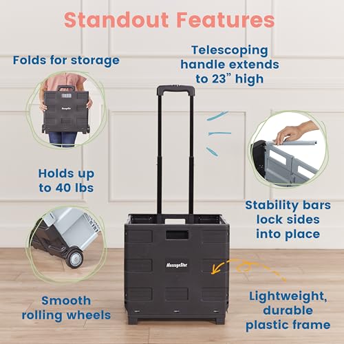 ECR4Kids Universal Collapsible Rolling Utility Storage Cart, Black | Durable plastic, adjustable handle, 40 lb capacity, collapses to 3" thick for storage, rolling wheels for easy transport