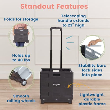 ECR4Kids Universal Collapsible Rolling Utility Storage Cart, Black | Durable plastic, adjustable handle, 40 lb capacity, collapses to 3" thick for storage, rolling wheels for easy transport