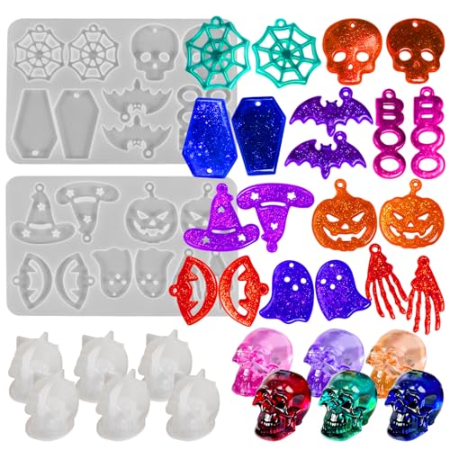 Wehous 8PCS Halloween Resin Molds, 2 Unique Earring Pendant Mold and 6 Mini Skull Mold, Skull Witch Bat Pumpkin Silicone Molds for Epoxy Resin Casting Clay, DIY Halloween Decor Keychain Jewelry Craft - color: 8pcs-Halloween