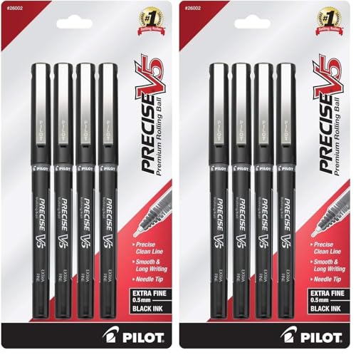PILOT,Precise V5,Capped Liquid Ink Rolling Ball Pens,Extra Fine Point 0.5 mm,Black,4 Count (Pack of 2) - size: 4 Count (Pack of 2), style: V5 Stick