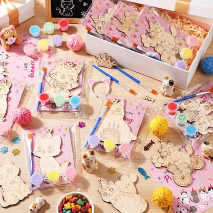 Saypacck 24 Pcs Cat Party Favors Wooden Paint Craft Kits | Cute Cat Designs, Includes Paints Brush Bag, For Girls Cowgirl Theme Goodie Bag Fillers, DIY Thank You Gifts - style: Cat