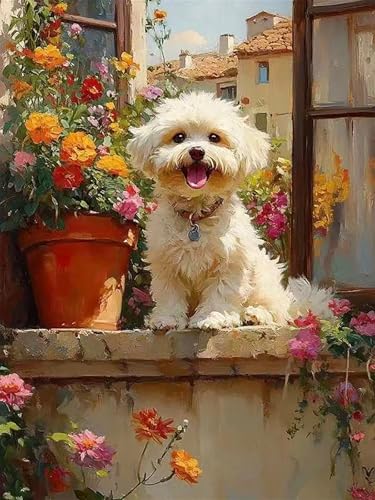 Accompany Wind Dog Diamond Art Kits for Adults, 5D Animal Diamond Painting Kits for Beginners,DIY Round Full Drill Diamonds Gem Art Crafts for Home Wall Decor Gifts 12x16 Inch - color: Windowsill dog