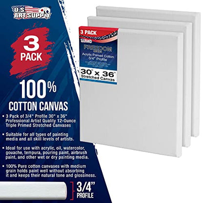 U.S. Art Supply 30 x 36 inch Stretched Canvas 12-Ounce Triple Primed, 3-Pack - Professional Artist Quality White Blank 3/4" Profile, 100% Cotton, Heavy-Weight Gesso - Acrylic Pouring, Oil Painting - size: 30" x 36"