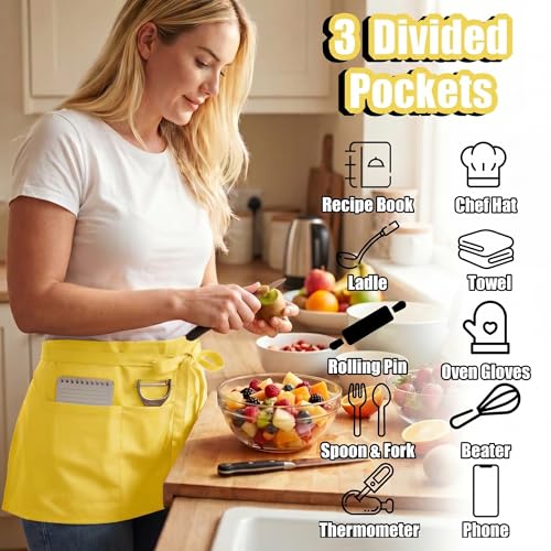 TOSHE Waist Apron 3 Pockets Waterdrop Resistant Cotton Server,Chef,Waitress - color: Yellow
