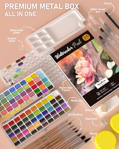 Nicpro 100 Colors Watercolor Paint Set, Metallic Macaron & Fluorescent | 8 Synthetic Squirrel Brushes, 25 Watercolor Paper, Palette, Art Supplies Kit for Artist Adult Beginner with Gift Box - color: 100 Colors Watercolor Set