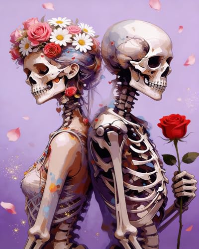 TFIAVSIN Romantic Skeleton Couple Paint by Numbers Kit for Adults, Beautiful Art with Roses and Flower Crown, Adult Paint by Number Kits on Pre-Printed Canvas for DIY Arts & Crafts - 16x20 Inch - color: Skeleton