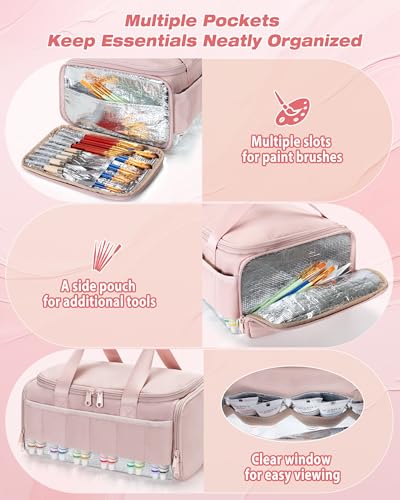 Marscamd Acrylic Paint Organizer Holds 60 Bottles (2 oz), Acrylic Paint Bag | with Tools Storage Sections & Crossbody Strap, Water-repellent fabric, Aluminum-lining, Pink - color: Pink