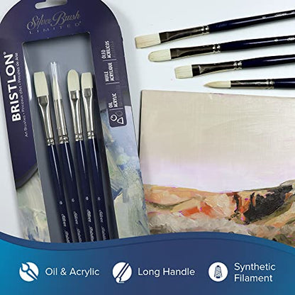 Silver Brush Limited Bristlon Versatile Variety Oil Paintbrush Set, 4pc | Round, Flat, Bright, and Filbert in Size 6, Long Handle, Stiff Fine Point Synthetic Bristle, Lightly Textured Strokes - color: Blue, size: 4 count