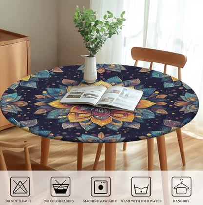 Round Tablecloth Stretch Round Fitted Tablecloth with Elastic, Boho Waterproof Table Cloth for 31"-35" Round Table, 36Inch - color: A-boho-1, size: 36" (Round)