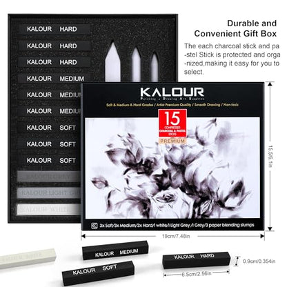 KALOUR 15 Pro Compressed Charcoal Drawing Set with Blending Stumps- Soft,Medium,Hard and White Charcoal - Charcoal Sticks for Drawing Sketching Shading - Art Supplies for Artists Beginners Adults