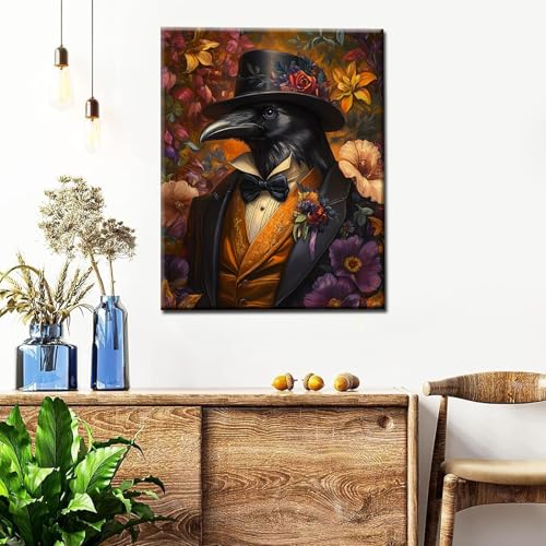 Serious Crow Paint by Numbers Animal Wearing Hat DIY Painting on Canvas with Brushes Pigment Easy to Paint Crafts DIY Paintwork Home Decoration Drawings Gift 16x20 Inch (Frameless) - color: Hat Animal-03, size: 16''x20''(Frameless)