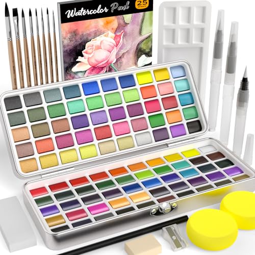 Nicpro 100 Colors Watercolor Paint Set, Metallic Macaron & Fluorescent | 8 Synthetic Squirrel Brushes, 25 Watercolor Paper, Palette, Art Supplies Kit for Artist Adult Beginner with Gift Box - color: 100 Colors Watercolor Set