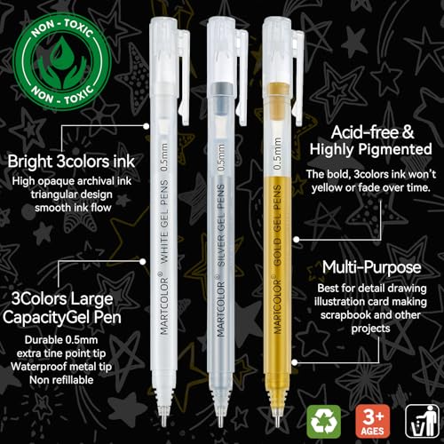 MARTCOLOR Gold Silver White Gel Pens, 3 Pack 0.5mm Fine Point Gel ink Pens | Opaque Archival Ink Pen for Black Paper Drawing, Art Highlight, Illustration, Bullet Journaling, Card Making & DIY Projects - style: Gold Silver White - 0.5mm