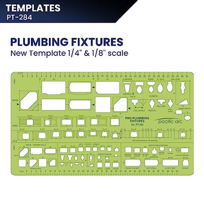 Pacific Arc, Plumbing Fixtures Template, 1/4 & 1/8 Scale. Drawing aid Stencil for Professional or School Work. Size 3.5 x 6 inch. - style: Plumbing Fixtures 1/4& 1/8 scale