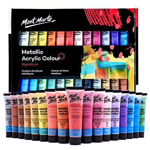 Mont Marte Premium Metallic Acrylic Paint Set, 24 x 1.02oz (36ml) Tubes, 24 Colors, Suitable for Most Surfaces Including Canvas, Card, Paper and Wood - size: 1.22 Fl Oz (Pack of 24)