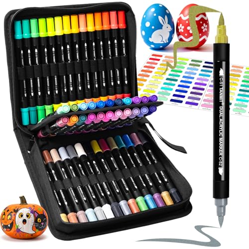 TANMIT 100 Colors Acrylic Paint Markers, 50 Pack Dual-Color Acrylic Paint Pens Markers for Rock Painting, Wood, Canvas, Stone, Glass, Ceramic Surfaces, DIY Crafts Art Supplies Kit - color: 100 Colors