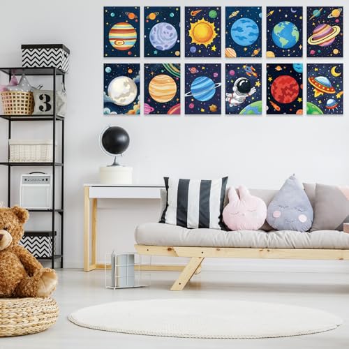 Anseal 12 Packs Planet Pre Drawn Canvas to Paint, Pre Printed Canvas for Adults, Space Planet Party Favors, Pre Stretched Canvas Outline Painting Boards for Beginners, Party Favor - color: Planet
