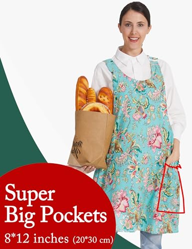 Cozy Adjustable Cross Back Aprons for Women with Pockets Cotton Linen Cooking Kitchen Baking - color: Noble Flowers